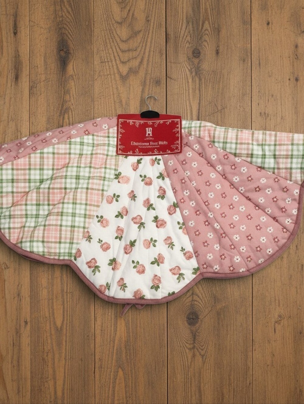 NEW Total Home Country Rose Plaid Green Pink Quilted 48” Christmas Tree Skirt